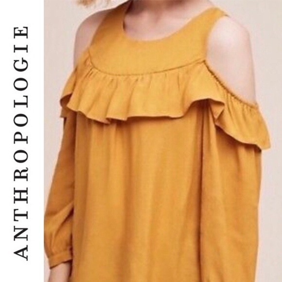 Anthropologie Maeve Brearly Open Shoulder Top Ruffle Blouse Yellow Boho 4 - Picture 3 of 13